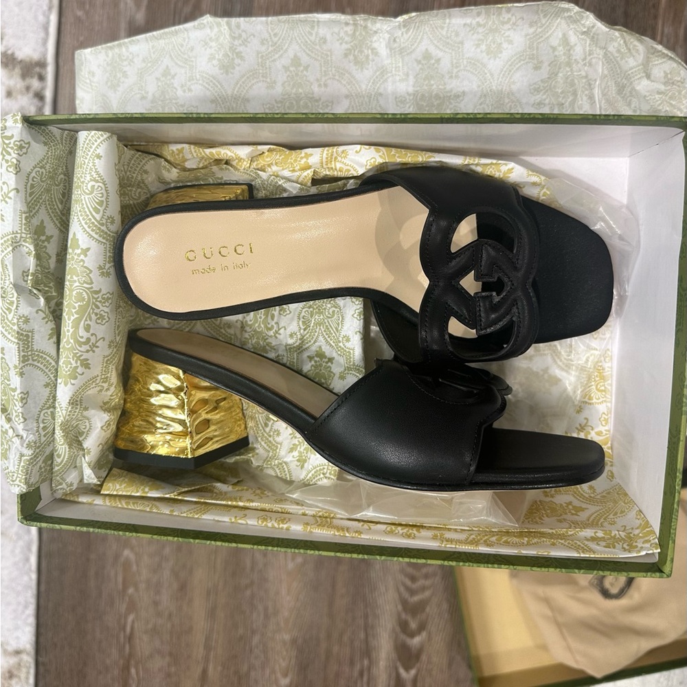 Gucci Black and Gold Heeled Sandals